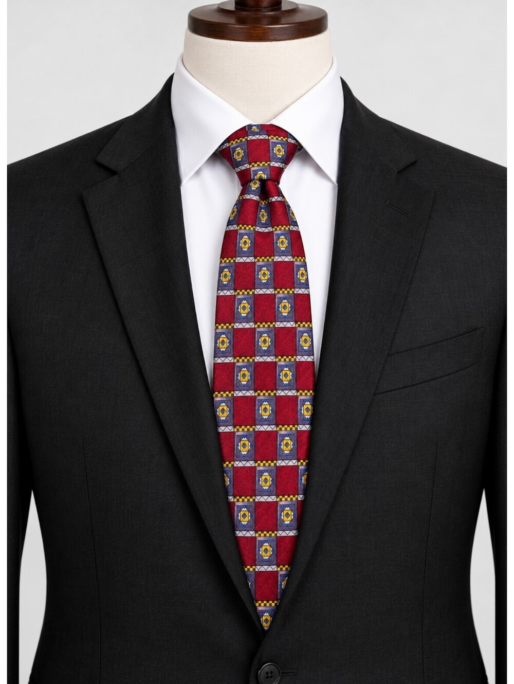 Cocktail Collection Silk Tie Red Geometric Square Pattern Classic Men’s Necktie